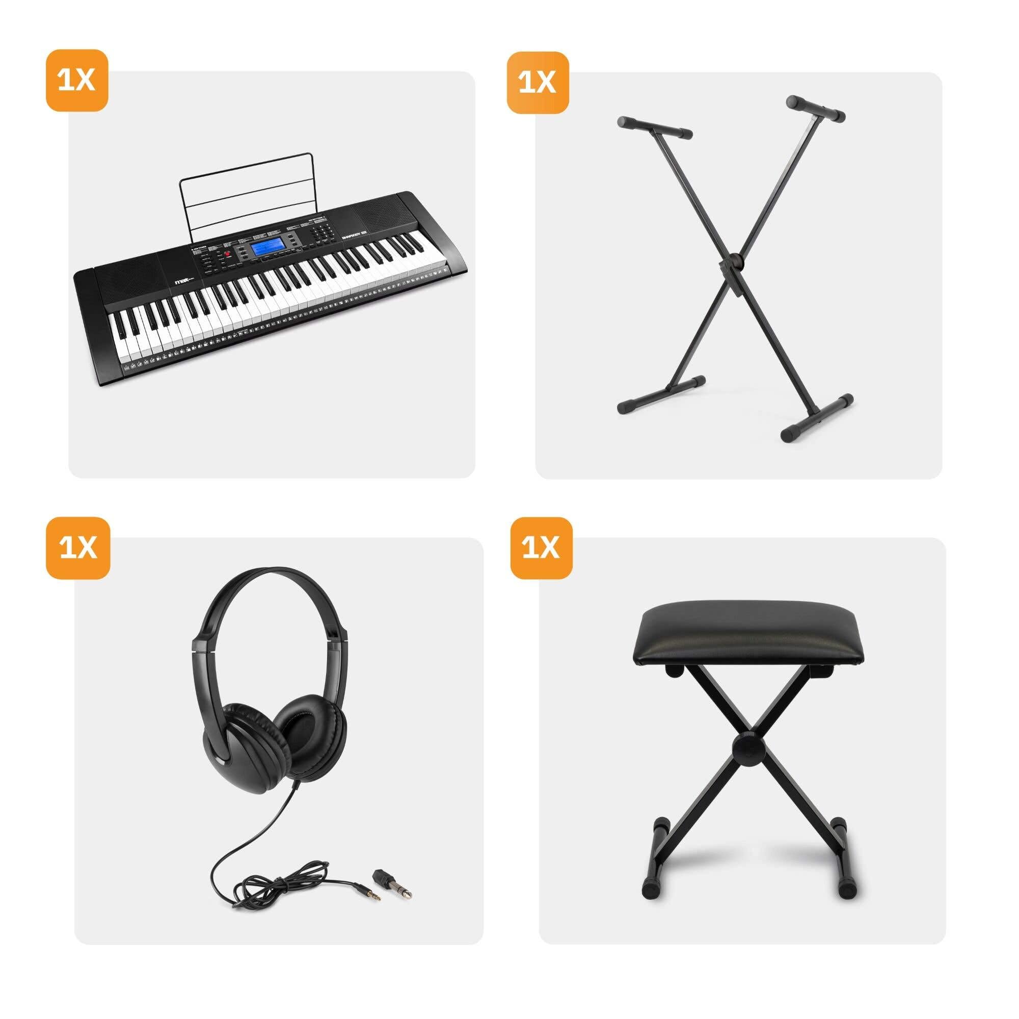 MAX Rhapsody61M Teclado Piano eléctrico de 61 teclas, con auriculares, soporte para teclado y banqueta, 600 sonidos, respuesta táctil, MP3 USB, pantalla, función de aprendizaje, MIDI y AUX