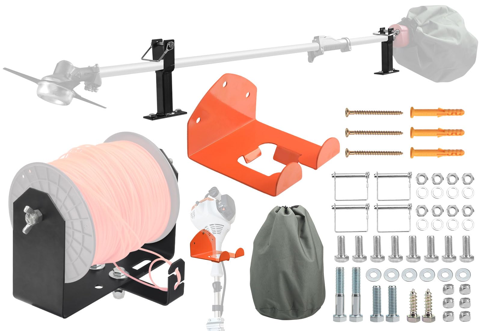 Kit de utilidad para cortacésped, estante resistente para malas hierbas, soporte para línea de recortadora de malas hierbas (ajuste de ancho de 4.5 a 8.6 pulgadas), organizador de herramientas de
