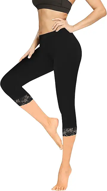 Leggings Court Femme 3/4 Taille Haute en Coton avec Dentelle - Yoga Gym