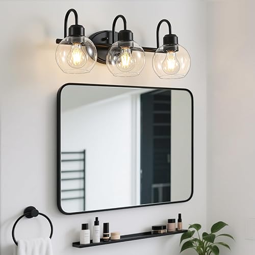 Miniatura 4 de Lámparas de tocador de baño de 3 luces, apliques de pared de baño negro mate, lámparas de pared modernas con pantallas de vidrio transparente,