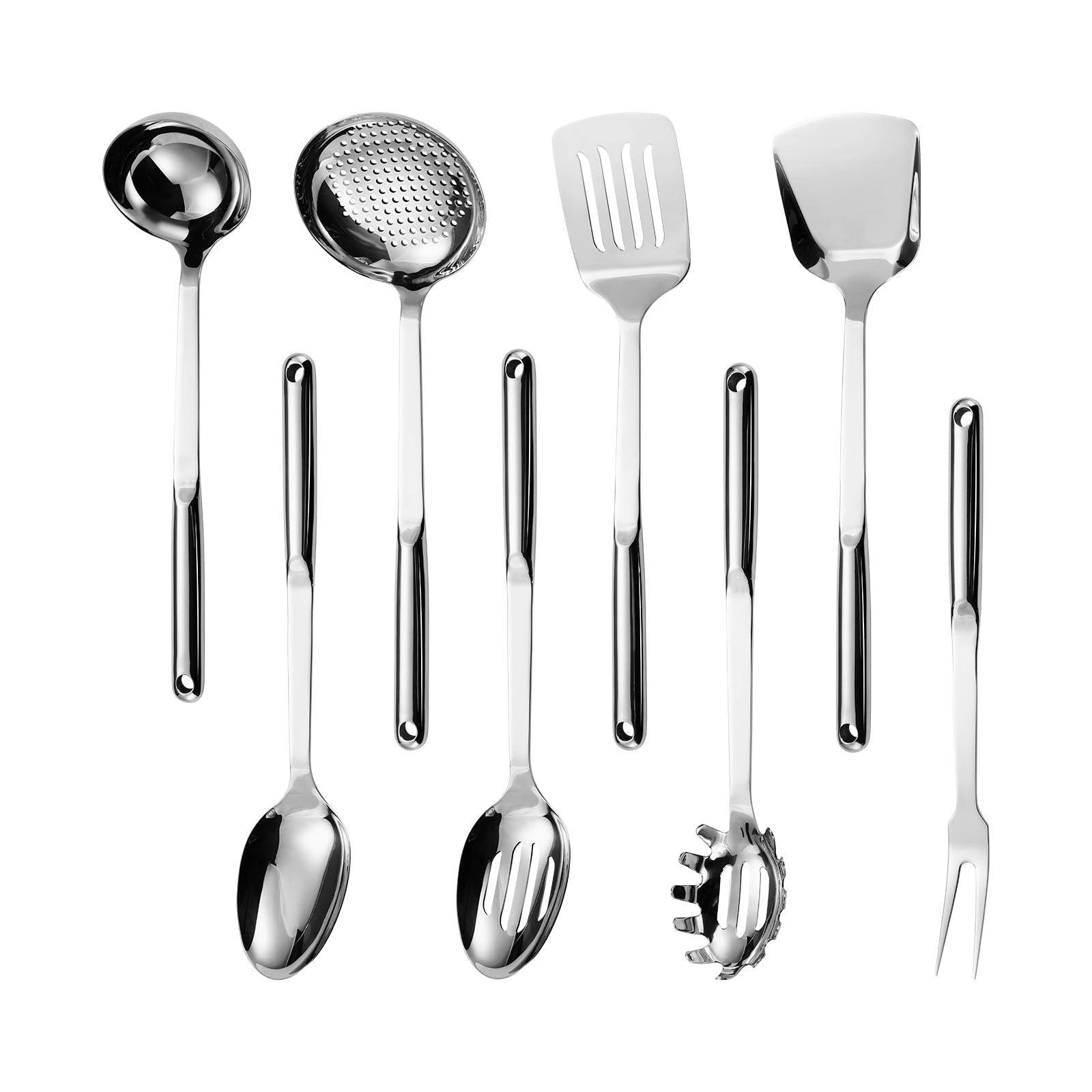 304 Stainless Steel Cooking Utensils Set, 8PCS Kitchen Utensils Set, Include Skimmer, Soup Ladle, Spaghetti Server, Wok Spatula, Slotted Spoon, Solid Spoon, Slotted Spatula Turner & Meat Fork