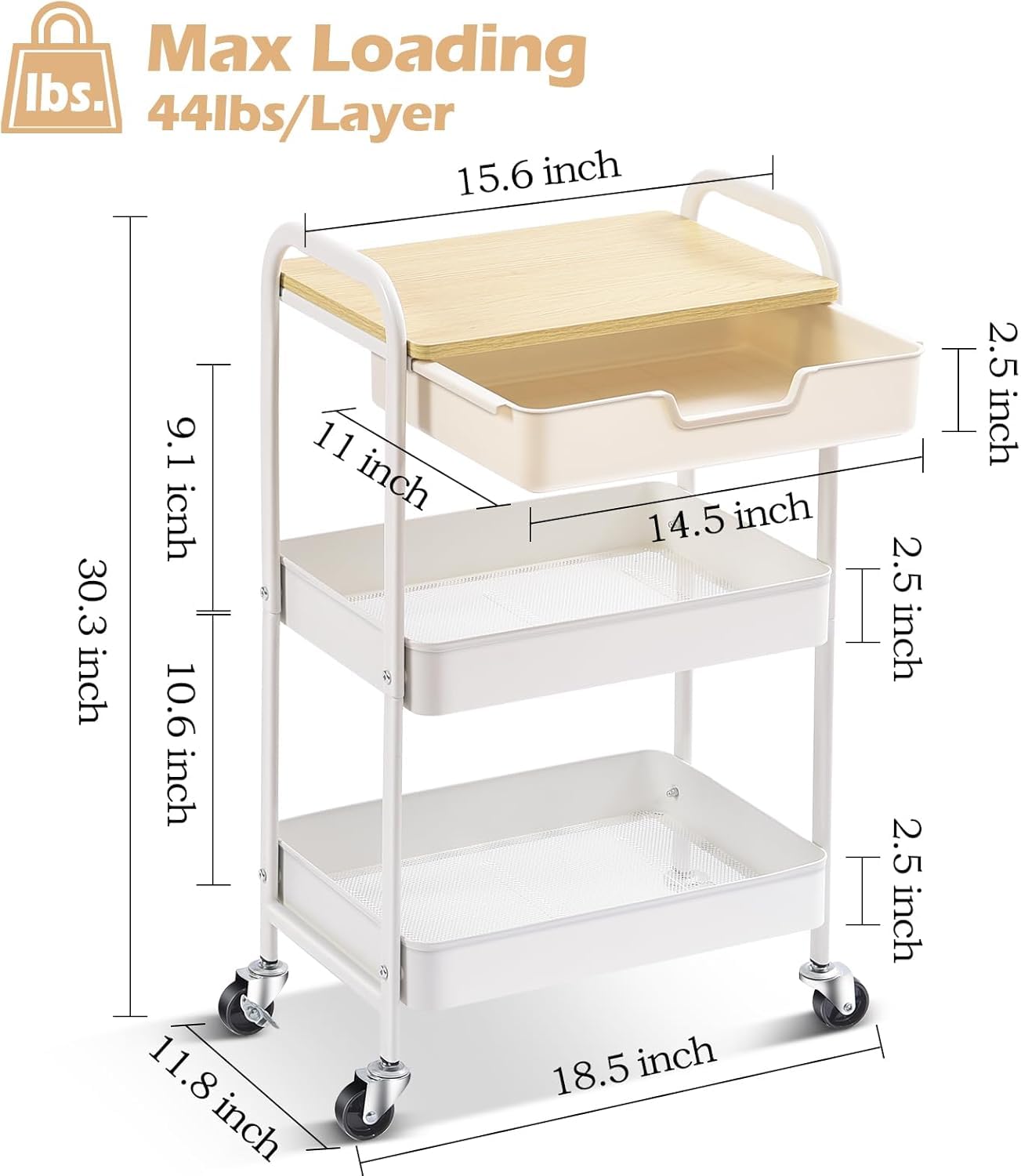 KINGRACK 3-laags rollende opbergwagen met tafelblad, metalen