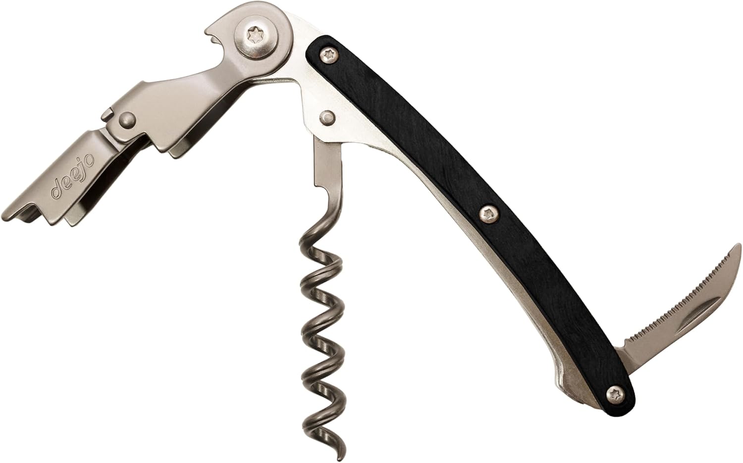 Waiters Wine Key with Corkscrew Quick Bottle Opener and Micro-Serrated Blade- Ebony Wood Handle.