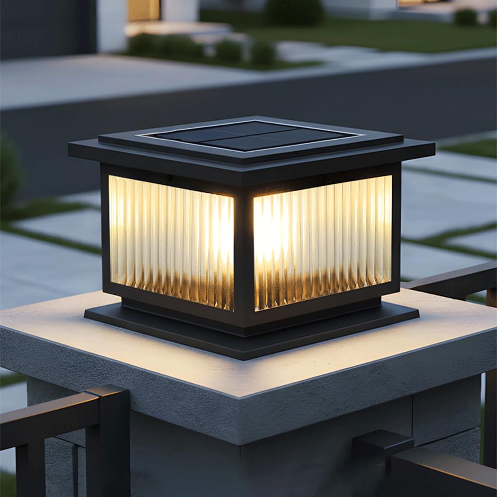 Solarne lampy słupkowe, zewnętrzna, wodoodporna, odlewana aluminiowa lampa kwadratowa z podstawą do montażu na molo, czarna latarnia tarasowa do ogrodu, na podwórko