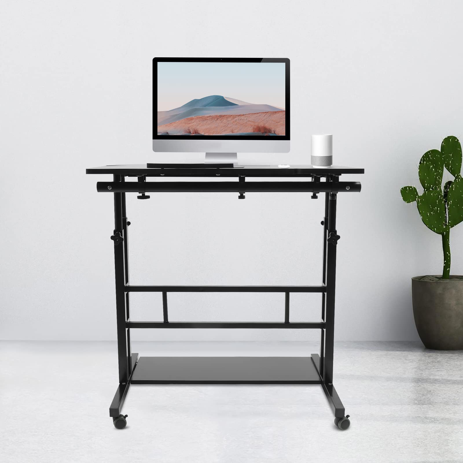 4 in 1 Mobile Stand Up Desk Height Adjustable Laptop Desk with 4 Wheels Tilting Tabletop Rolling Table — view 2