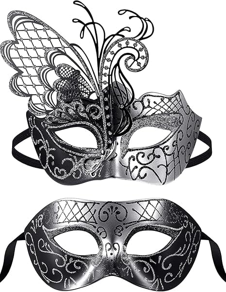 2 Pcs Masquerade Masks Set, Venetian Masquerade Mask Set, Lace And Painted Pattern Half Face Dress Up, Party Costume Accessories, Retro Halloween, Couple Mask Carnival, Silver