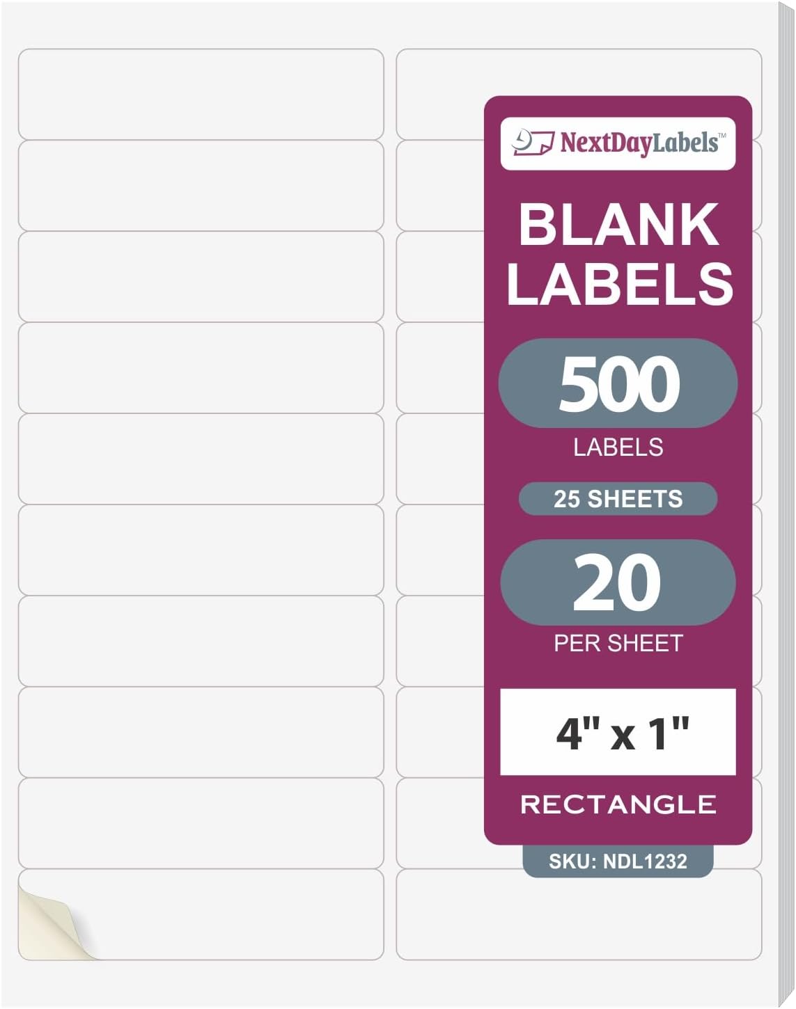 NextDayLabels 4x1 Inch Rectangle Stickers White Blank Labels for Laser Inkjet Printer - 20 Per Sheet Self-Adhesive Return Address Shipping Made in USA - 500 Labels