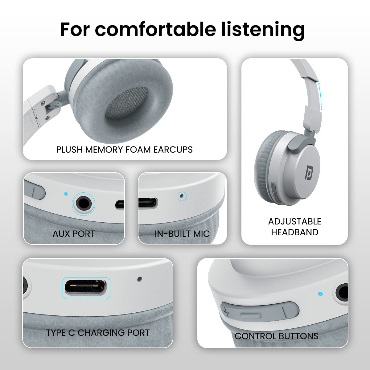 Portronics Muffs M2 Bluetooth Headphones Over Ear with Upto 40 Hrs Playtime, 40mm Dynamic Drivers, AUX 3.5mm, Powerful Bass, Laptop & PC Support,Type C Charging Port, Foldable Design(White) — Amazon image 7