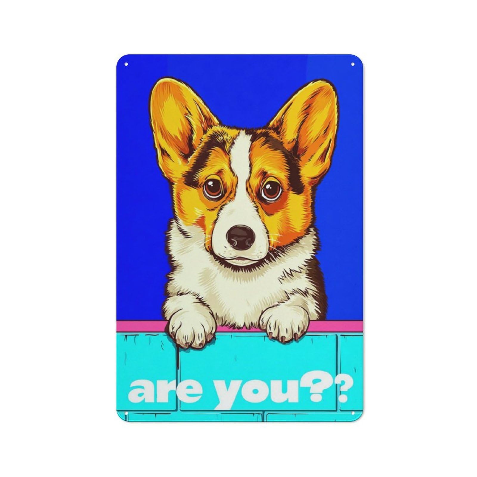 Junmoney Curious Corgi On Blue Background Retro Metal Wall Decor 30X20cm, Metal Wall Art Sign For Living Room, Hallway, Kitchen Or Cafe