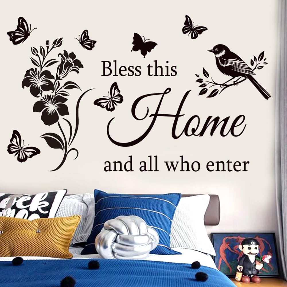 Pegatinas de pared inspiradoras para la familia, con cita en inglés "Bless This Home and All Who Enter Words", calcomanías de vinilo para decoración de pared, citas motivacionales para dormitorio.