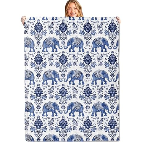 MIEPOS Blue Elephant Floral Throw Blanket Cover