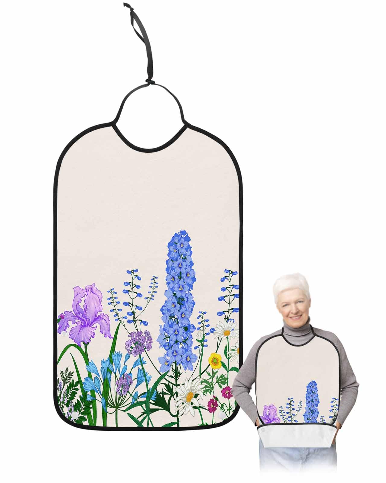 Spring Plants Adult Bib for Eating with Crumb Catcher,Country French Flowers Herbs Botanical Floral Waterproof Terry Cloth Adjustable Elderly Women Men Adult Bibs Funny Apron Clothing Protector