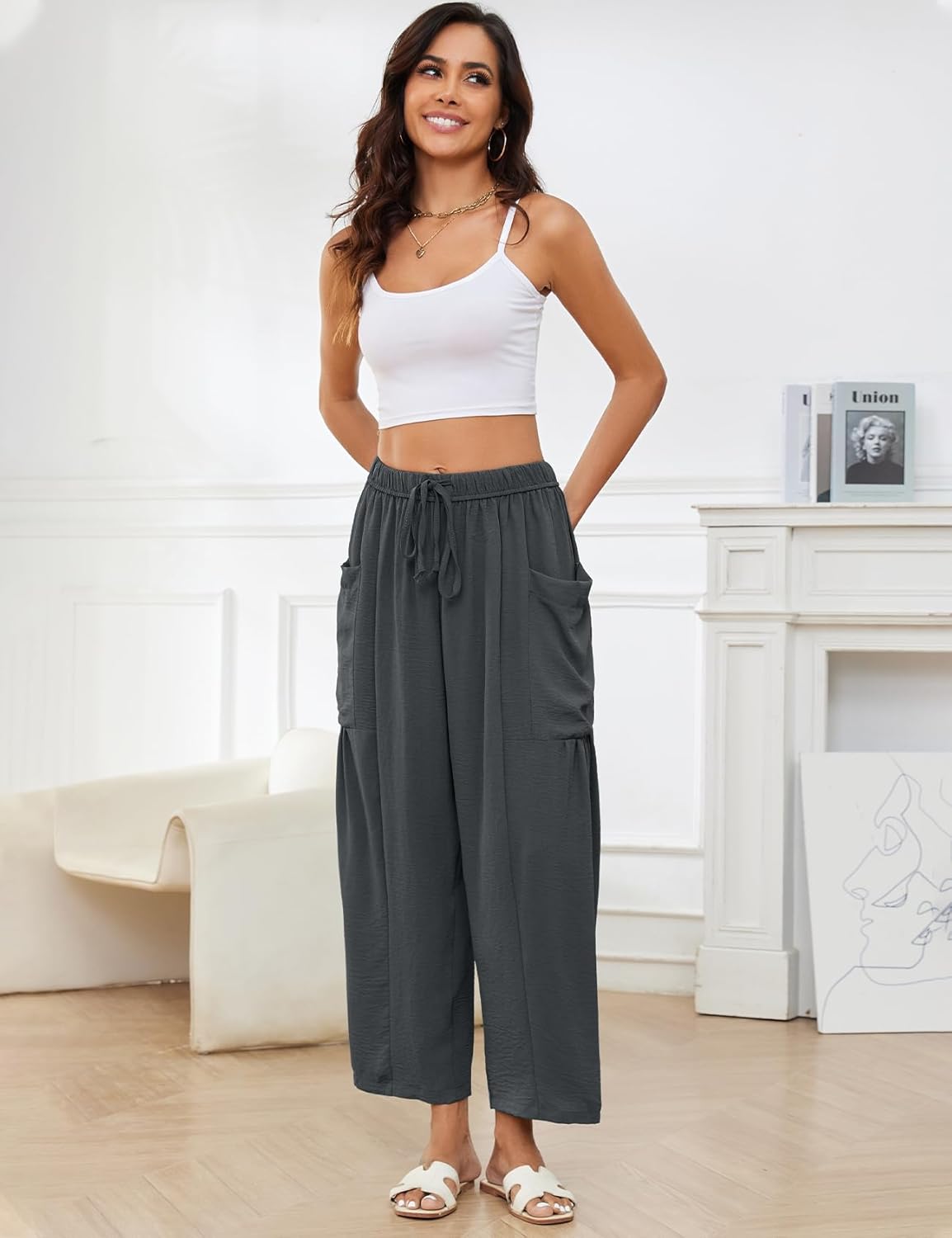 Flygo Women's Wide Leg Pants Summer Casual Loose Fit Beach Palazzo Harem Pants with Pockets - Image 5