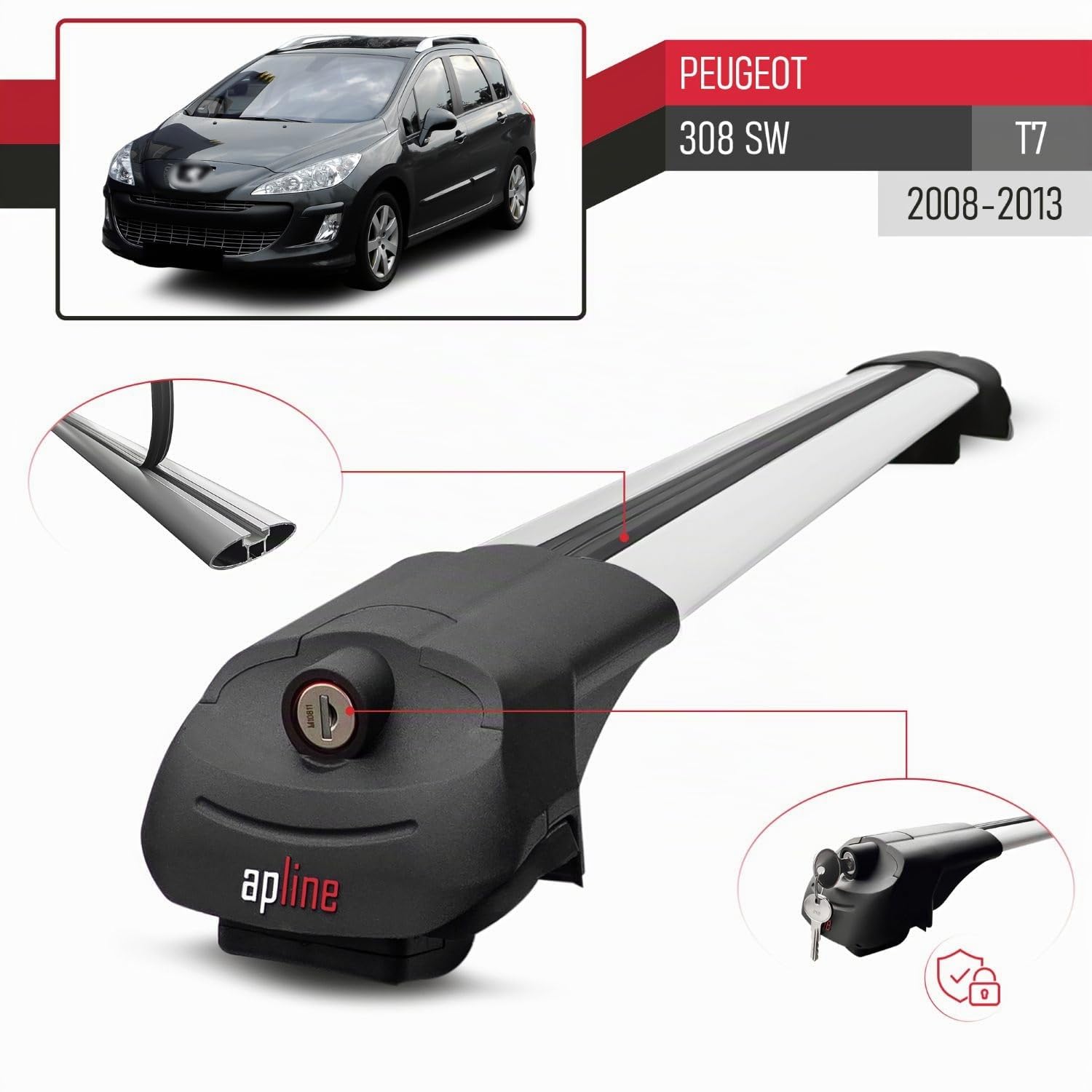 Compatible con Peugeot 308 (T7) SW 2008-2013 Modelo Ace-1 Barra de Techo Auto Portaequipajes Barras Transversales Gris Aluminio 2 Barras