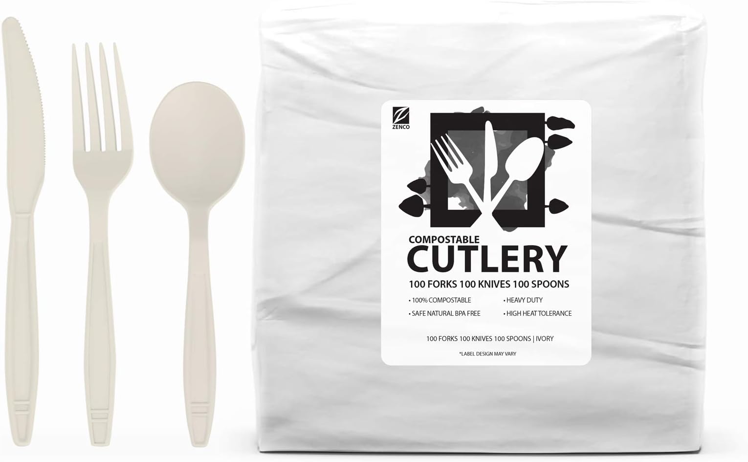ZenCo Biodegradable Compostable Disposable Cutlery - 100 Forks 100 Knives 100 Spoons Ivory - Heavy Duty Heat Resistant Eco Friendly Utensils for Office, Catering, Picnics or Birthdays (300 CT, Combo)