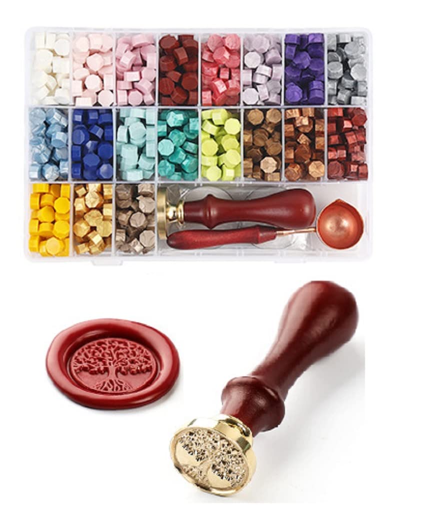 BEONE Sealing Wax Beads, BEONE Sealing Wax Pellets, for Wax Seal Gift Decoration Envelope Letter Wedding Invitation and Sealing Wine Bottle, With A Wax Spoon, 2Pcs Tea Candles and seal stamp (1)