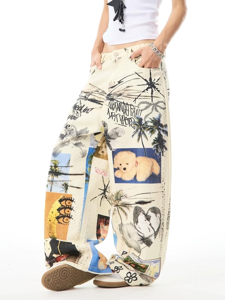 Unisex Y2k Vintage Harajuku Colorful Art Photo Collage Graffiti Print Jeans Hiphop Grunge Loose Casual Denim Pants2