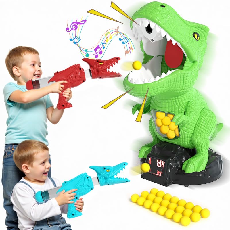 BLmukce Dinosaur Shooting Toys for Boys 3 4 5 6 7 Years Old 2 Air Pump Launchers Movable Target & 48 Foam Balls Outdoor/Backyard Games with LED Score & Sound Christmas/Birthday Gift for Toddlers
