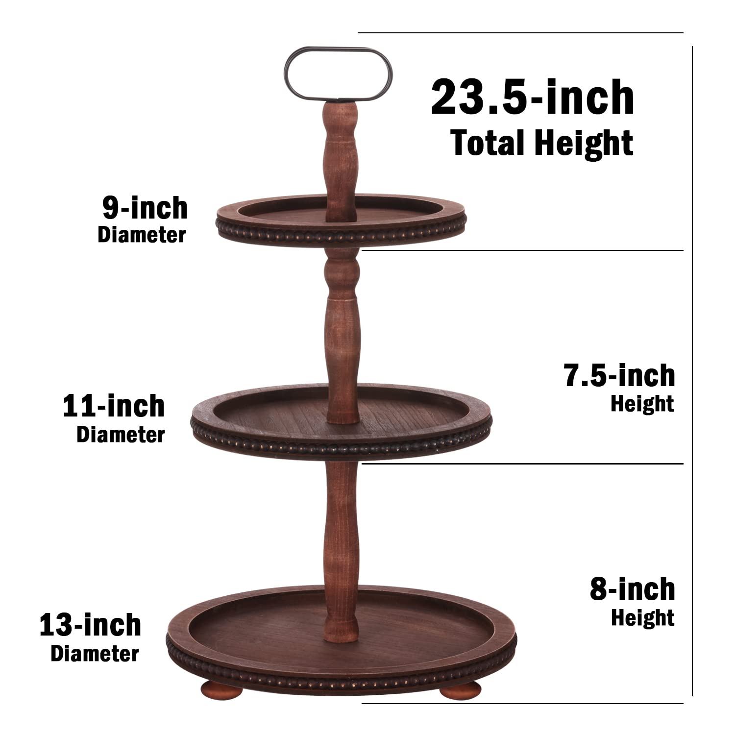 Urban Deco Wooden Tiered Tray 3-Tier Decorative Tray Stand Farmhouse Serving Tray, Round Wooden Cupcake Display Stand with Metal Handle, Brown Tiered Fruits Tray for Home Party Decorations