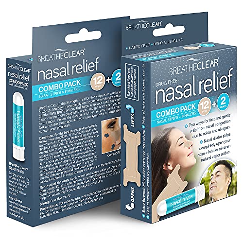 Breathe Clear Nasal Relief Combo Pack, Instant Nasal Congestion Relief with 2 Nasal Inhalers and 12 Nasal Strips for On The Go