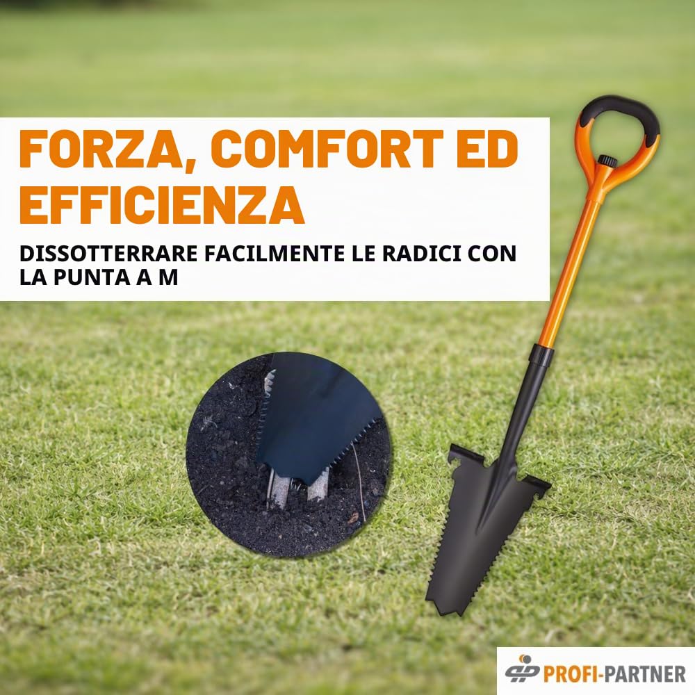 Vanga con sega a radice – Punta in acciaio al carbonio con denti affilati, manico in vetro febbre, chiave combinata integrata e apribottiglie, 114 cm, smontabile, arancione e nero