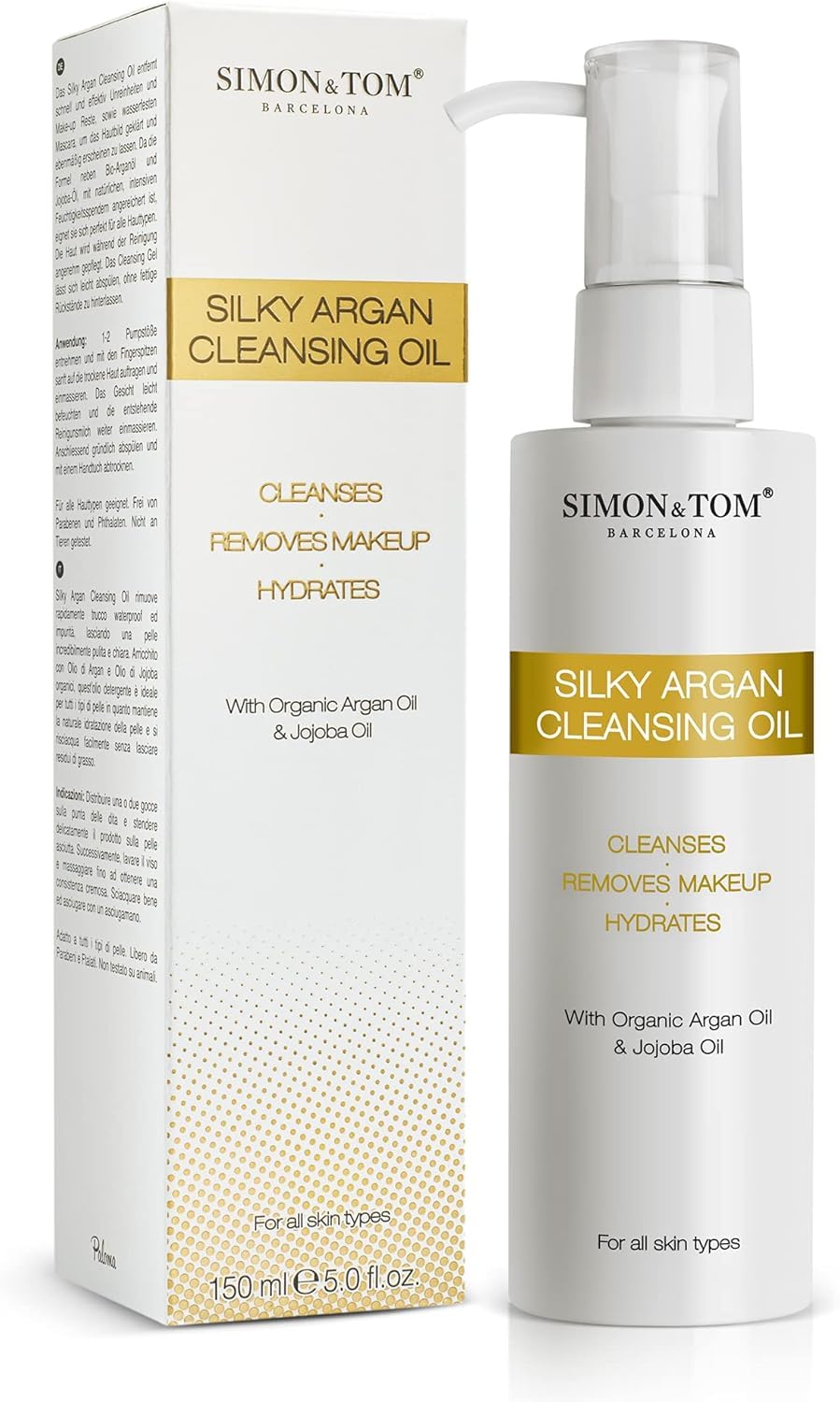 Simon&Tom olio struccante viso con argan bio e jojoba, detergente, 150 ml | Oil Cleanser Olio Detergente Viso Bio Idrata rimuove le Impurità e il Trucco Vegan 150ml Made In Spain