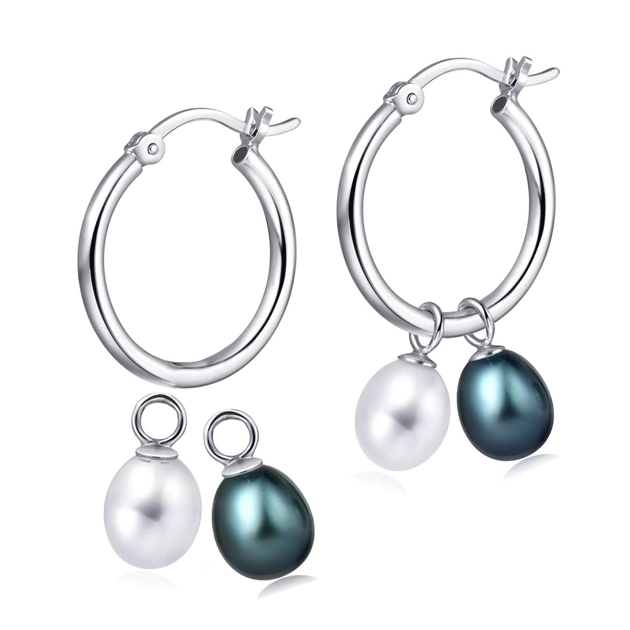 MOLAH 925 Silver Multi-use Hoop Sade Earrings 7-7.5mm Cultured Freshwater Drop White and Black Peacock Pearl 4-in-1 Rhodium Plated