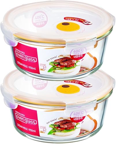 LOCK & LOCK Purely Better - Recipiente de almacenamiento de alimentos de vidrio con tapa de ventilación de vapor, redondo, 32 onzas, transparente