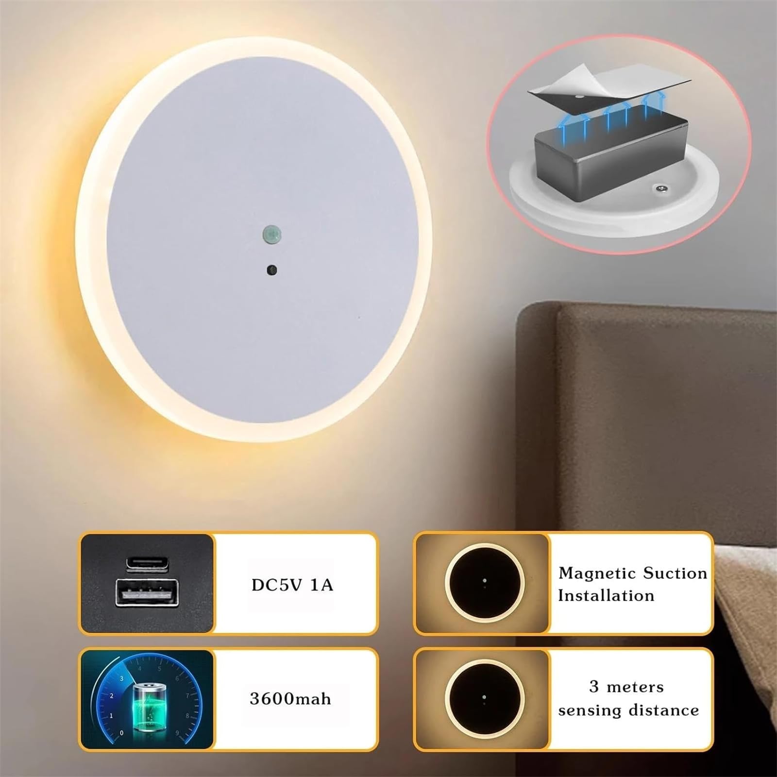 Aplique de Pared con Luces LED para Interiores, magnético, Creativo, con Sensor de Movimiento, lámpara de Pared Recargable por USB, Funciona con Pilas, Redondo, inalámbrico, de ALU