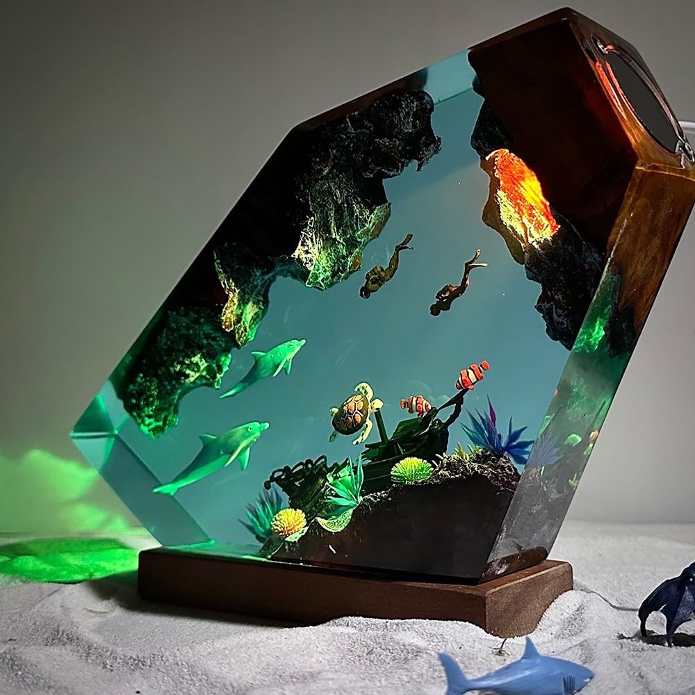 Lampka nocna z motywem oceanu – ręcznie wykonana lampa stołowa epoksydowa do wyjątkowej dekoracji domu lub wakacji, kreatywne oświetlenie biurkowe, 25 x 15 cm