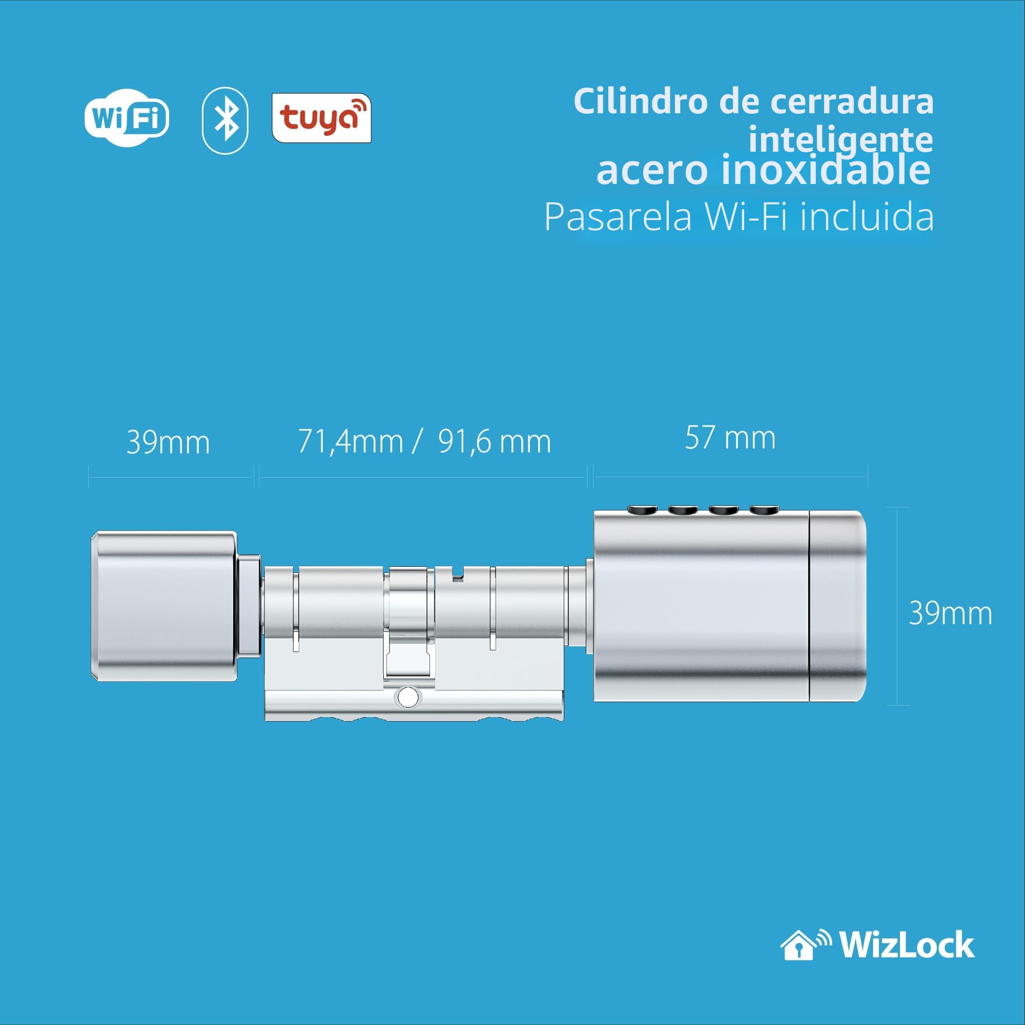 Cilindro cerradura smart Bluetooth Tuya – Aleación aluminio plata efecto inox – Internet mediante pasarela Bluetooth/Wi-Fi incluida – Acceso: Código, Tarjeta (4), Huella, App, Llave (2) – IP55