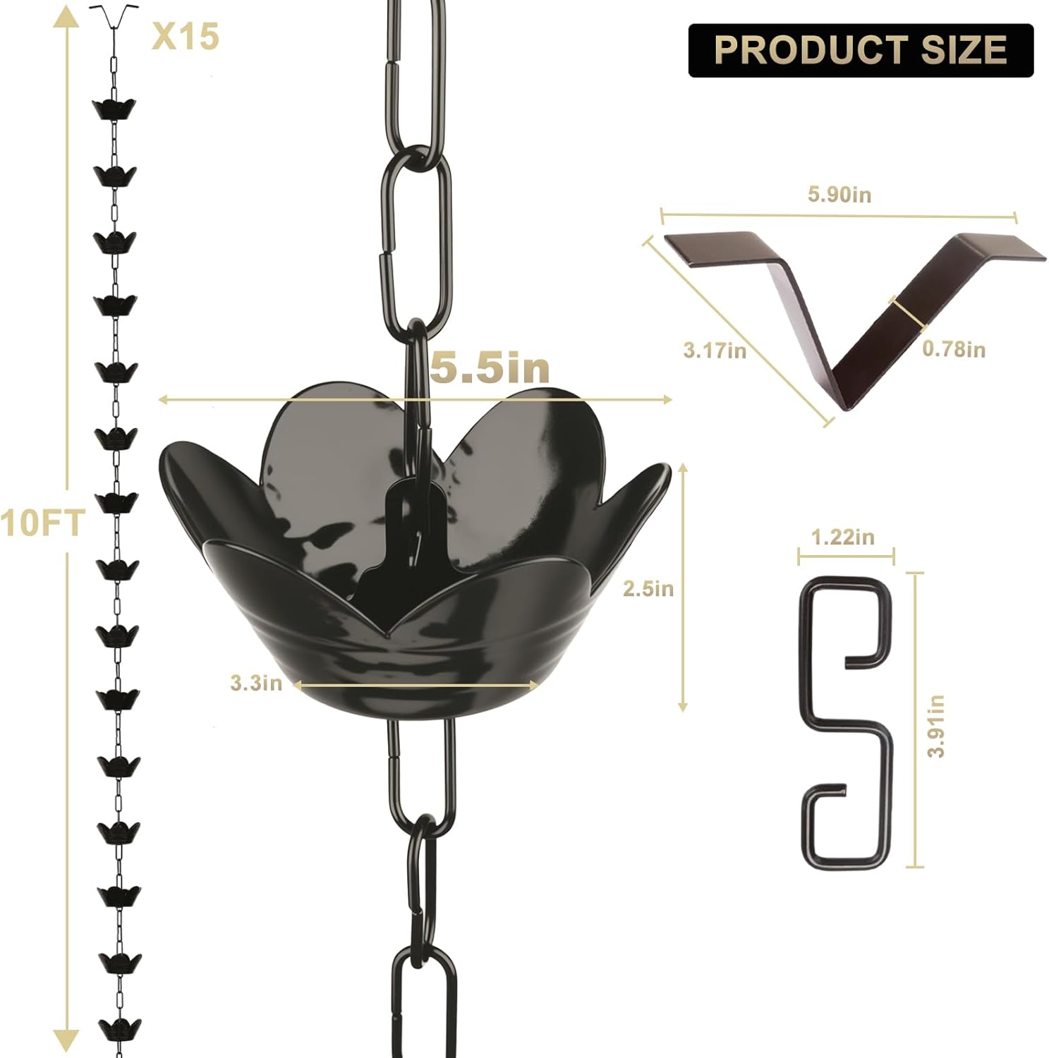 10FT Rain Chain for Gutters, Black Aluminum Daffodil Flower Design, Extra Large Cups to Reduce Splashing, Decorative Downspout Replacement for Outdoor Garden Decor