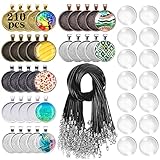 Csdtylh 210Pcs Pendant Trays Kit, Bezel Pendant Trays Charms Bulk with Glass Cabochon and Necklace Cords Set for Homemade Necklaces, Jewelry Making, DIY Crafts, Resin Art and Paint Pour Skins