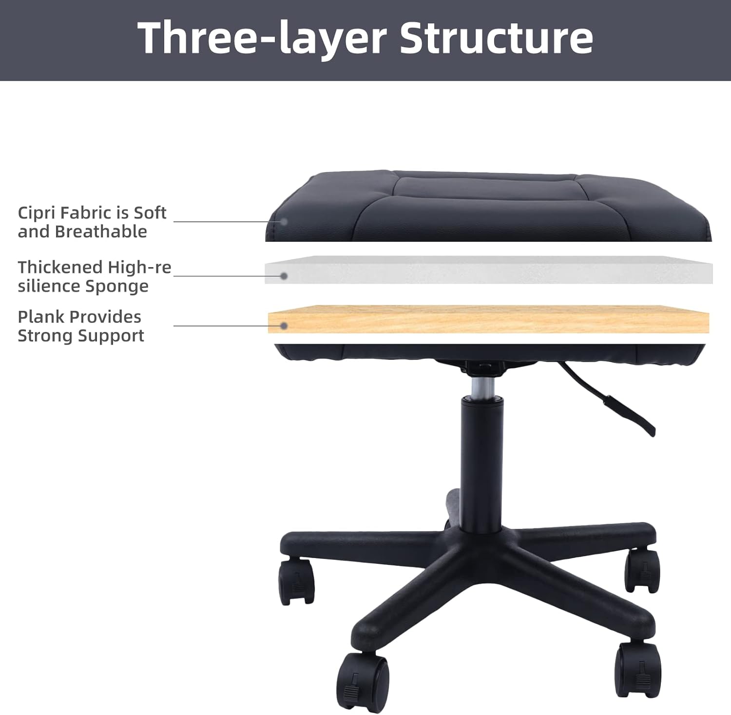 Footstool on Wheels, 15-20'' Height Adjustable, Lockable Rolling Stool Foot Rest for Office and Gaming Chairs, Load Capacity 330Lbs, Black