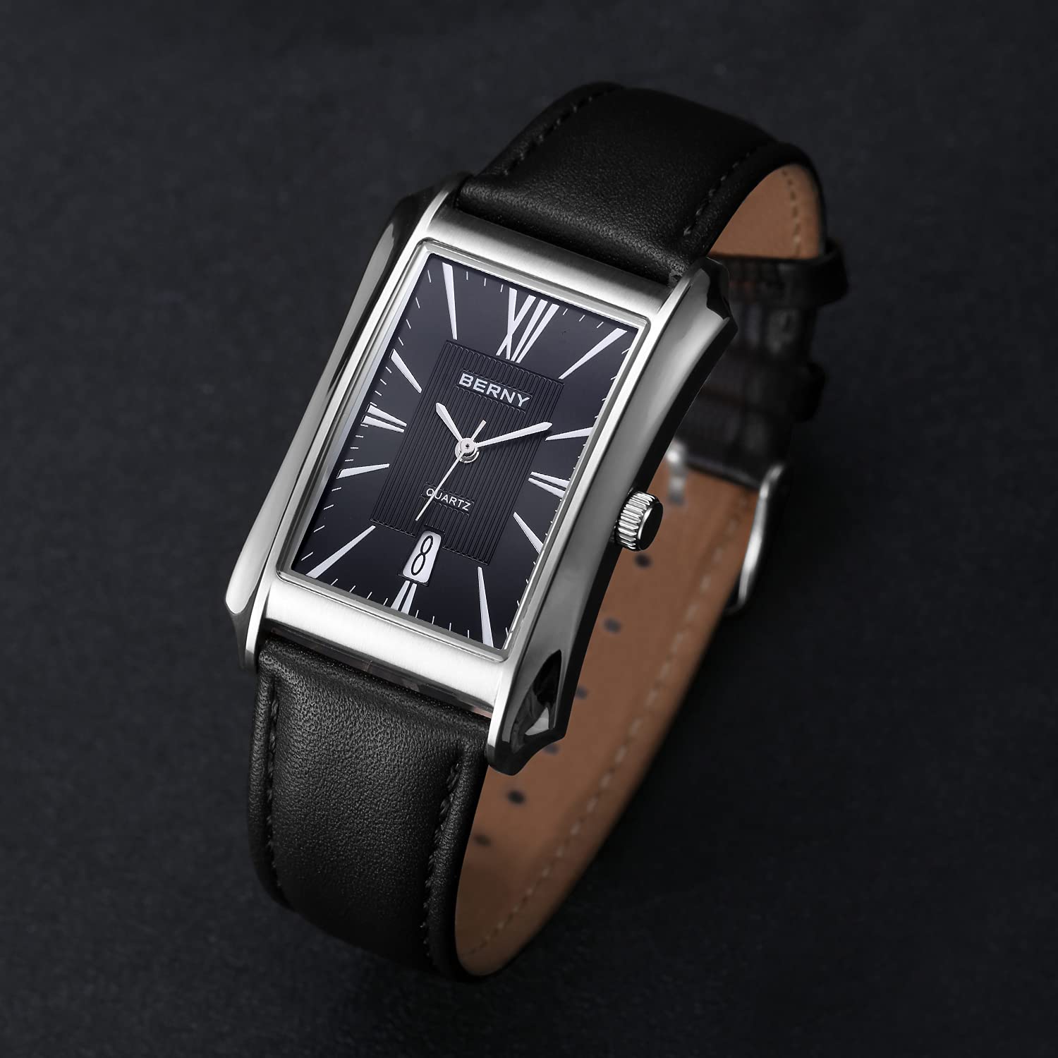 BERNY Orologi da uomo casual al quarzo cassa in acciaio inossidabile con cinturino in pelle rettangolare orologi da uomo (nero, bianco, grigio, oro rosa)