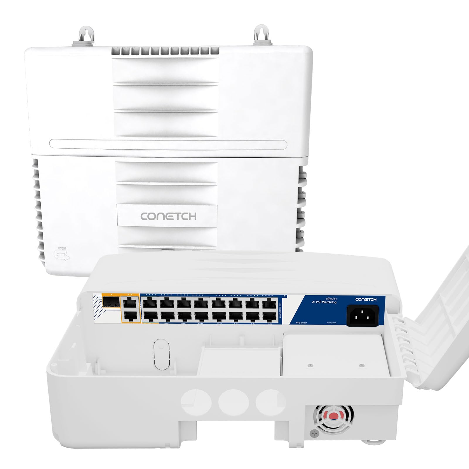 19-portowy zewnętrzny przełącznik PoE z 2 łączami w górę i 1 SFP, wodoodporność IP65, wbudowana moc 300 W, IEEE802.3af/at/bt, AI Watchdog, ochrona odgromowa 6KV, pudełko wielofunkcyjne |