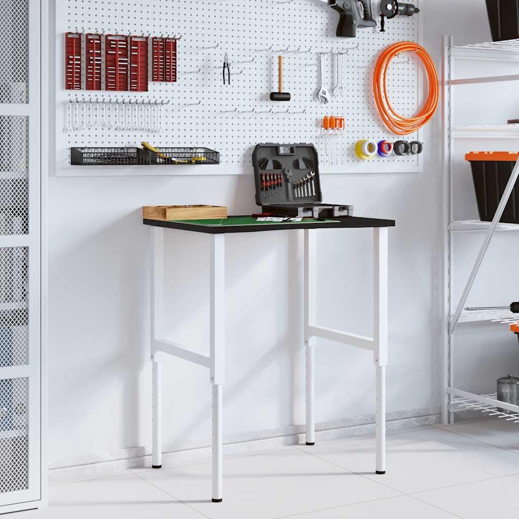 Banco de trabajo de roble macizo marrón oscuro, 80 x 60 x (71,5 – 98) cm con estructura de metal resistente, gran área de trabajo para talleres y proyectos de bricolaje, estable