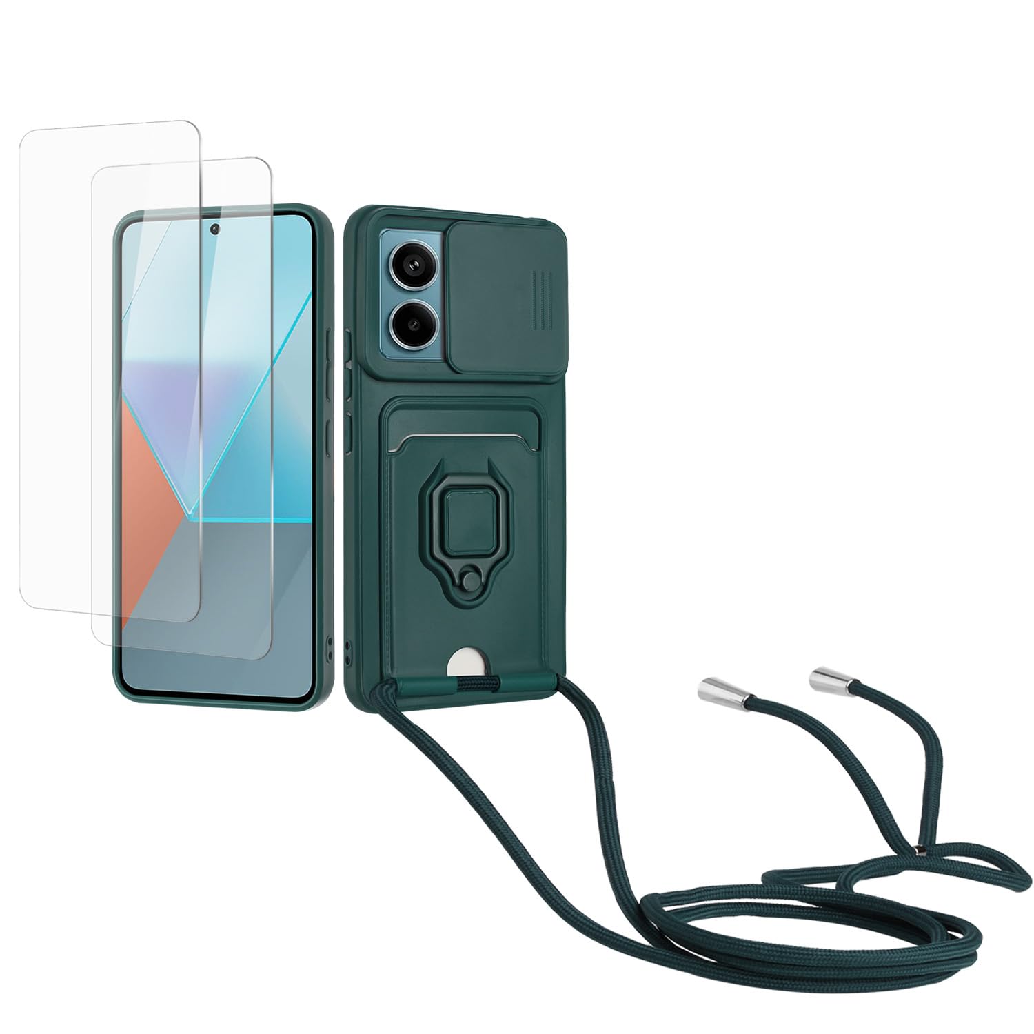 Kaslly Funda con Cuerda para Samsung Galaxy A35+[2 Pack Protector Pantalla],Case con Ranura para Tarjetas,Cubierta de Cámara Deslizante Proteger,Doble Cara Protección-Negro — view 12