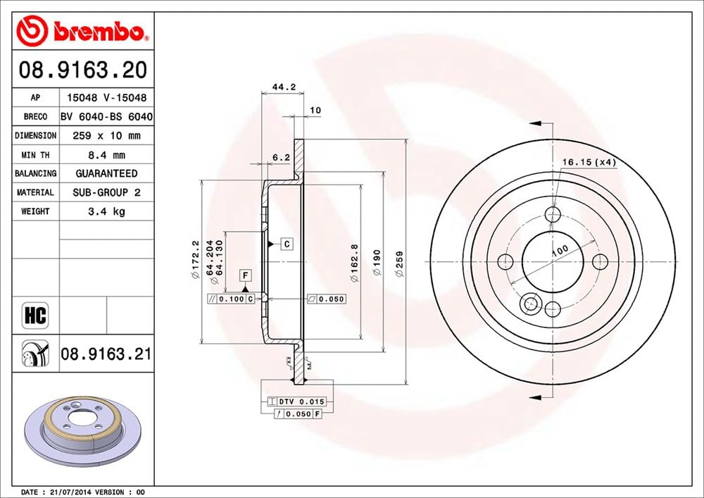 Brembo 08.9163.21 - Disco Freno con Verniciatura UV (Set di 2) - Posteriore