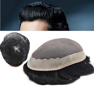 100% Human Hair Toupee for Men Hair Unit Wig for Men Durable Mono Lace Breathable Hair System Natural Looking Poly Skin Around Wigs Mens Toupee Hairpiece Replacement (7x10 inch, #1 Jet Black-110% Light to Medium)