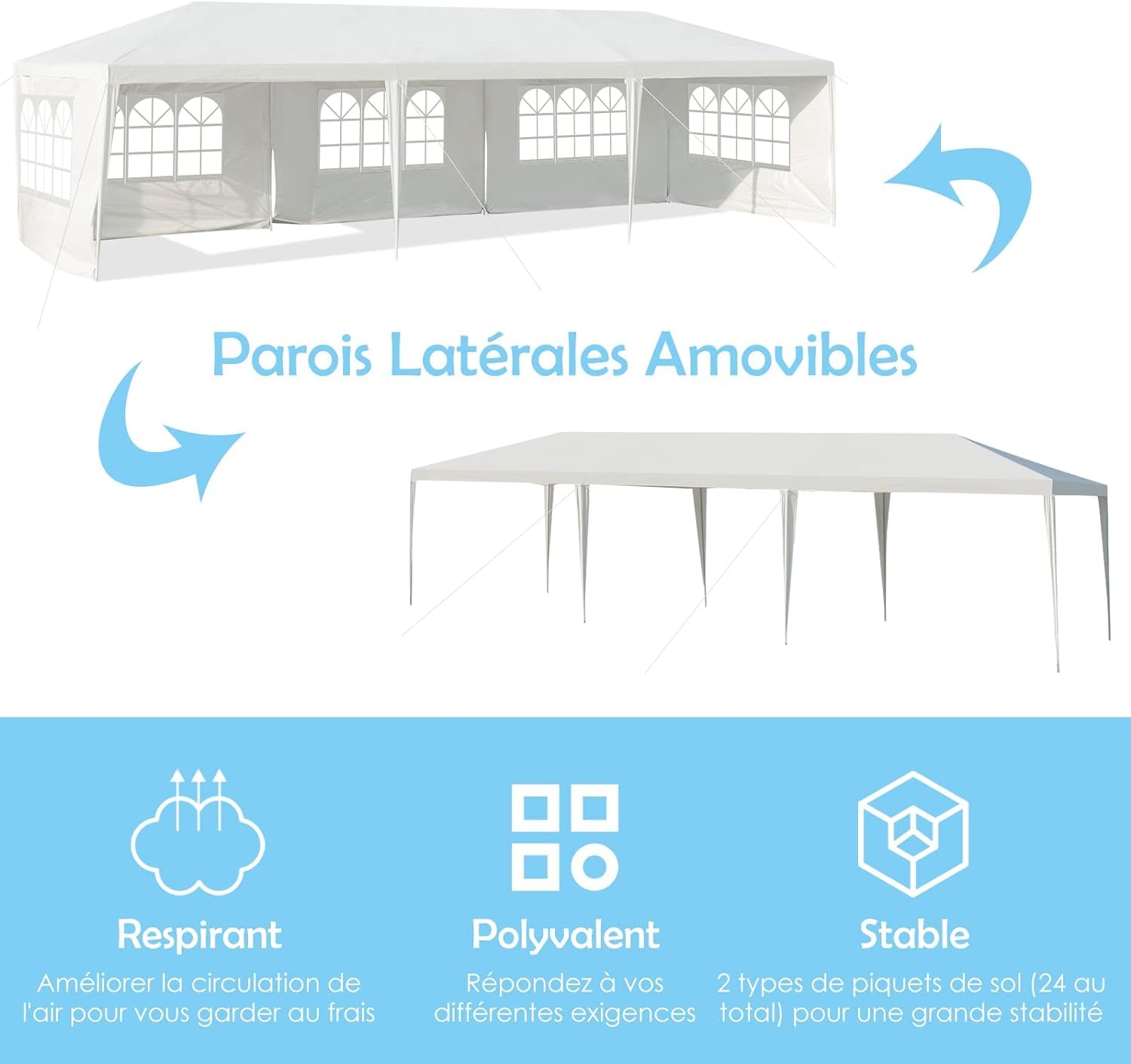 Tonnelle de Jardin Extérieur 3x9 M avec 8 Parois Amovibles, Barnum Imperméable PE pour Fête Mariage