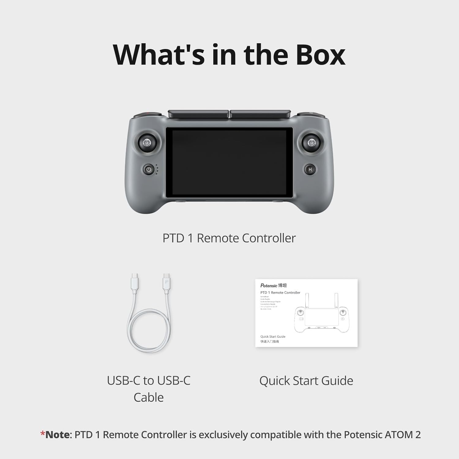 Contents of the Potensic PTD 1 Remote Controller box including controller, USB-C cable, and quick start guide
