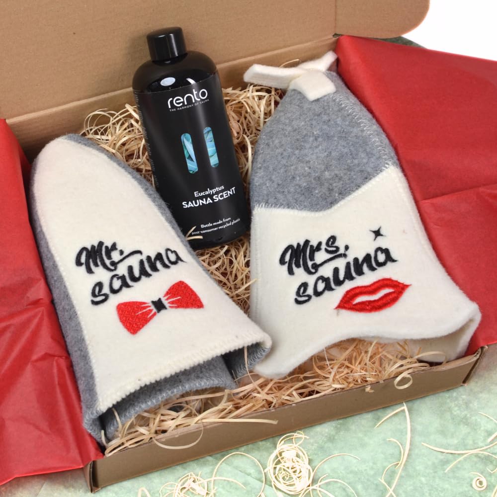 Sauna Geschenkset „Mr & Mrs Sauna“ – 2x Saunahut aus 100% Wollfilz + Eukalyptus Saunaaufguss 400 ml – Premium Sauna Set für Paare – Schutz vor Hitze entspannender Saunaduft, ideales Wellness Geschenk