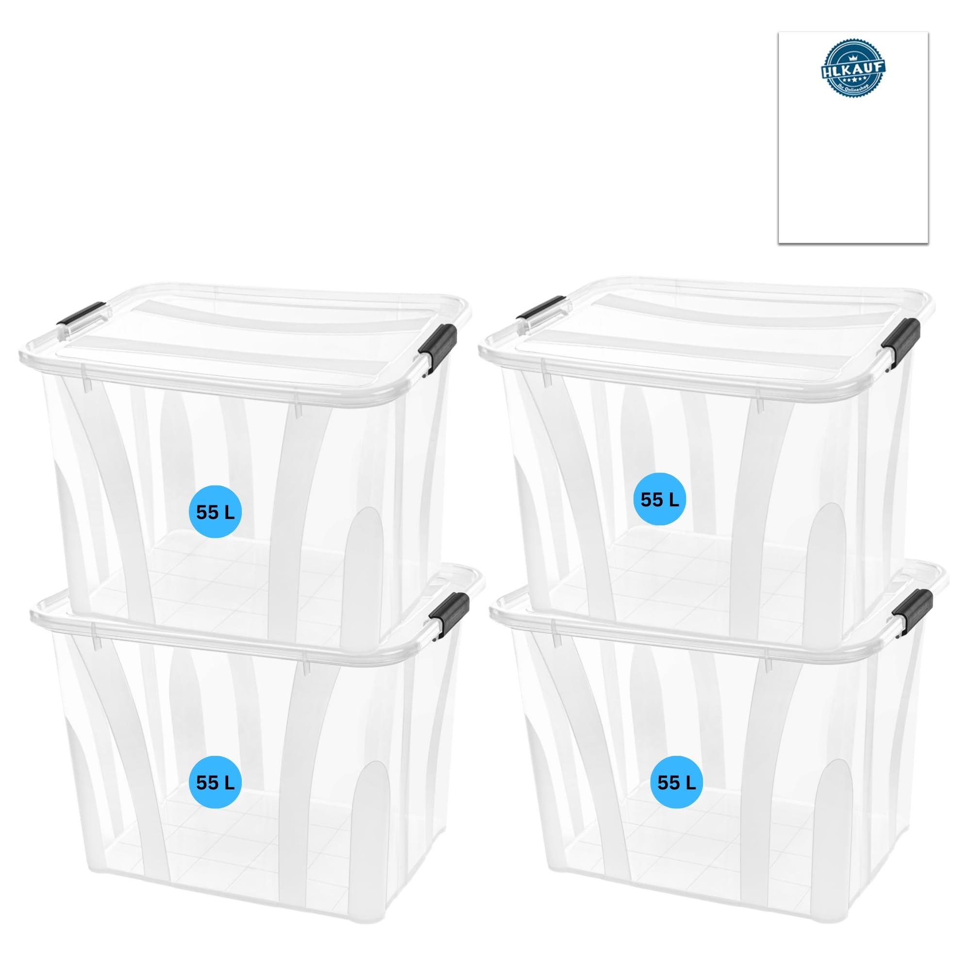 Aufbewahrungsboxen mit Deckel 7L 14L 21L 32L 55L 80L Plastik Boxen Klickverschluss Stapelboxen Sets Lebensmittelecht Haushalt & HLKauf-Block (4x 55Liter & 1x HLKauf-Block)