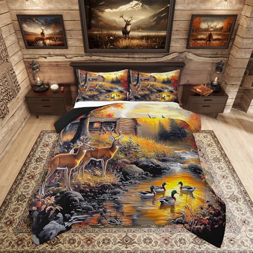 Rustic Deer Bedding Set for Boys Teens,Farmhosue Country Cabin Duck Comforter Set Woodland Camouflage Hunting Lodge Down Comforter with 2 Pillowcases Full,Western Forest Animals Duvet Set