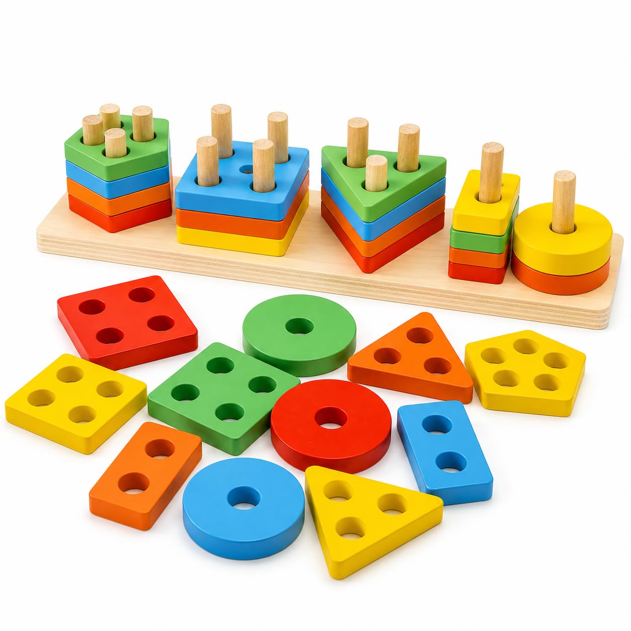 Toyshine Kids Wooden Angle Geometric Blocks Stacker Shape Sorter Column Puzzle Stacking Set - 5 Columns-image-27