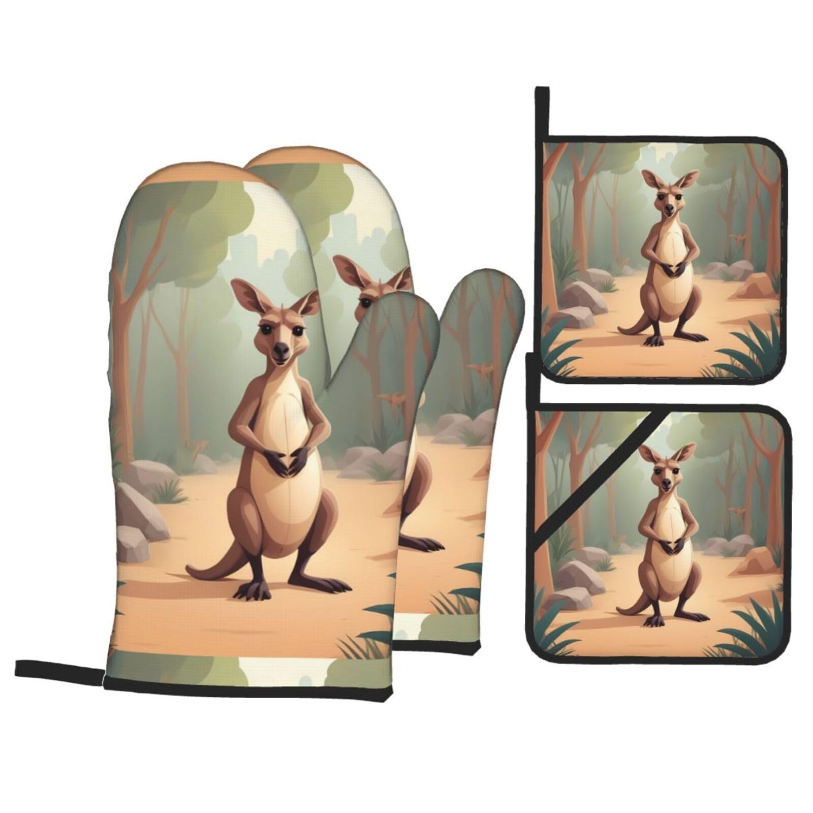 HJFCZH Funny for Kangaroo Zoo Picture Kitchen Baking Set of 4 Thick Insulated Oven Mitt & Pot Holders, Anti-Scalding for Microwave, Oven, Outdoor BBQ
