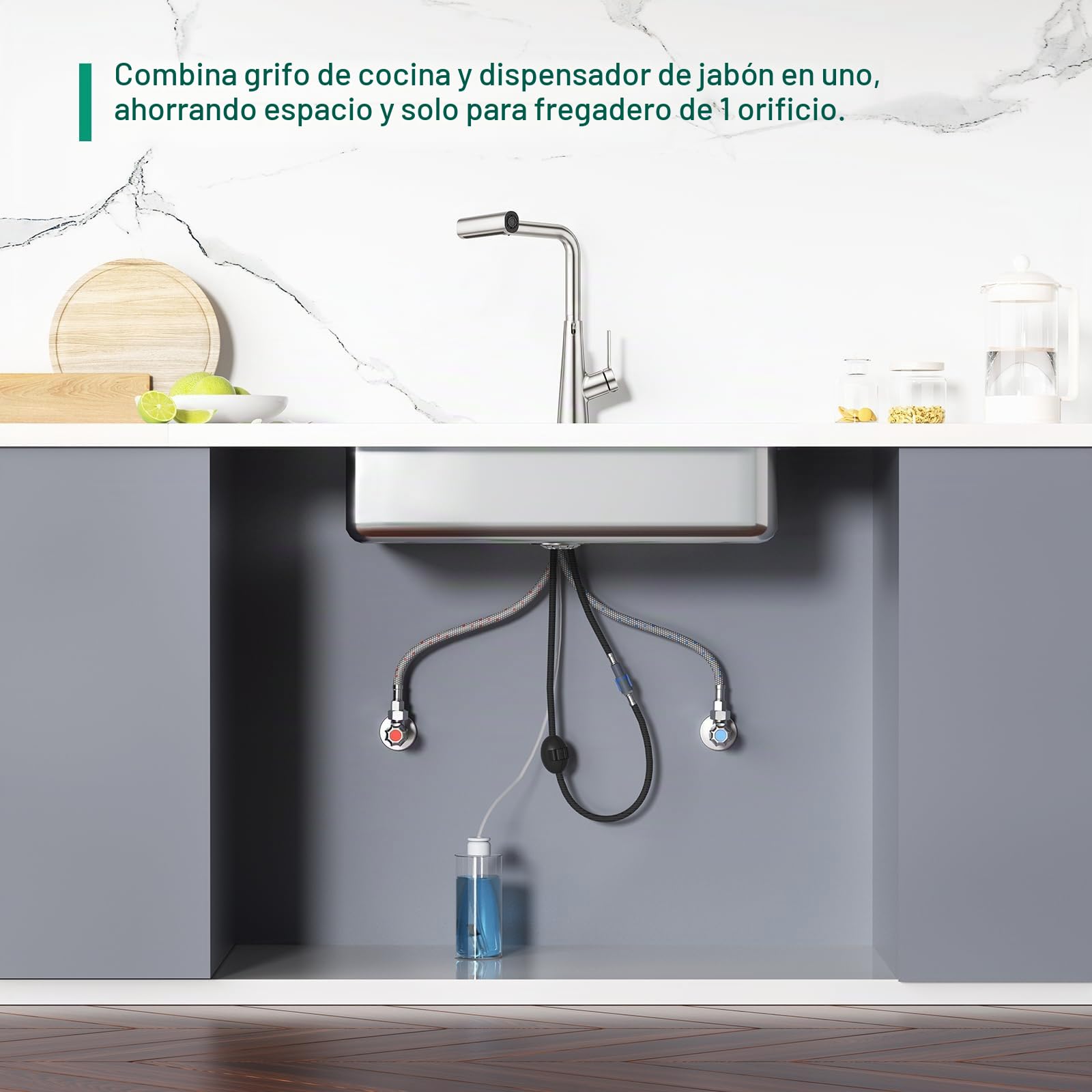 CREA Grifo de cocina Fregadero Cocina Extraíble Cascada, dispensador de jabon para fregadero, Grifo de Cocina Fregadero con Ducha de 4 Modos de Rociado Giratorio a 360°, Acero Inoxidable