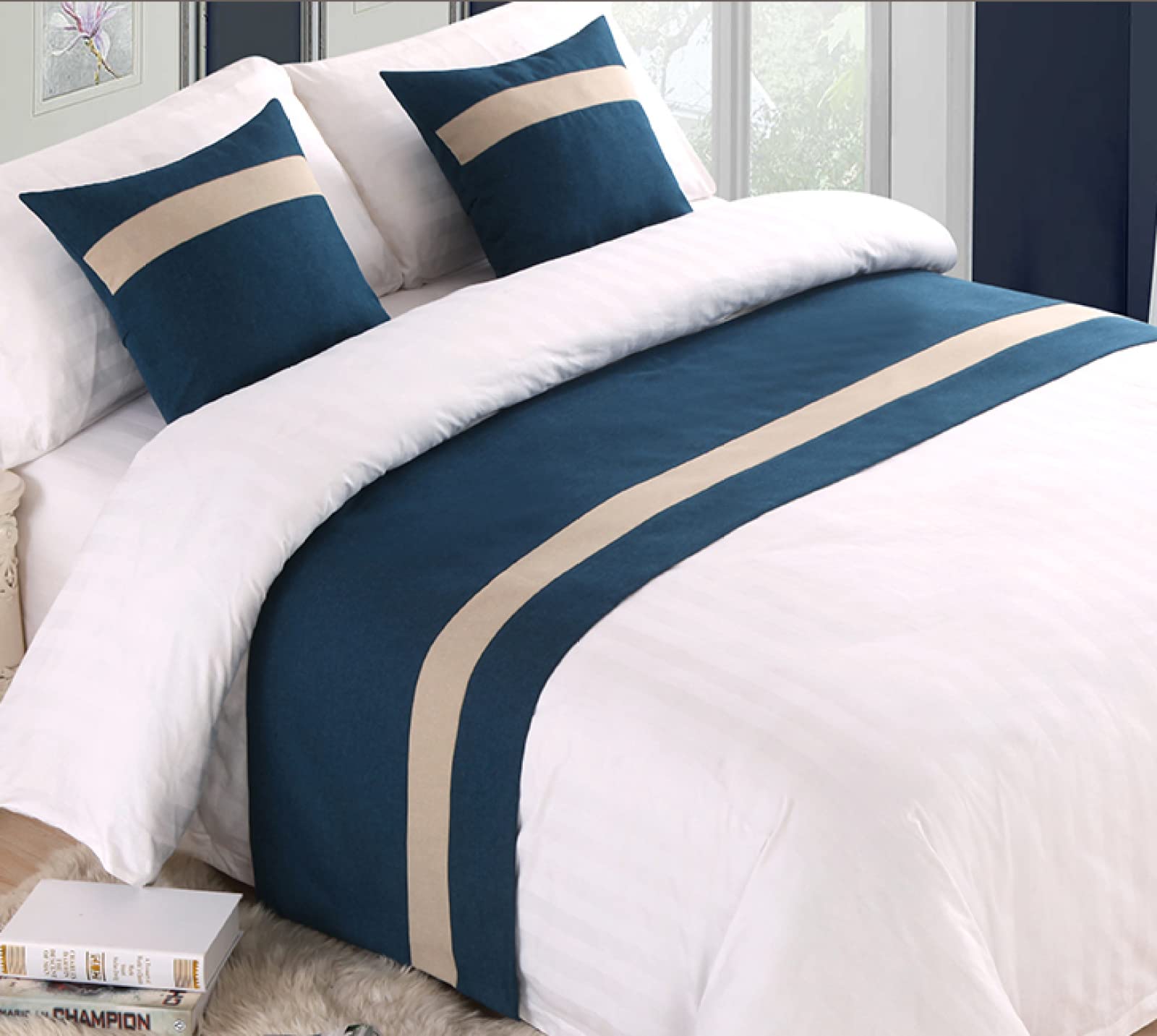 Lussuoso runner copriletto queen size king size asciugamano per la casa hotel arredamento blu beige 50 x 240 cm – qualità premium sciarpa da letto per arredamento camera da letto