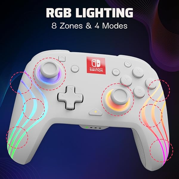 Close-up of the PDP Afterglow Wave controller showcasing its vibrant RGB lighting zones.